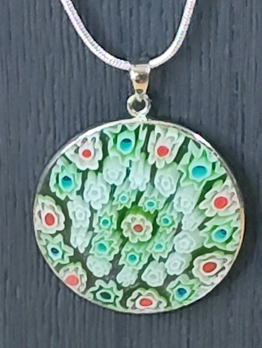 Millefori Floral Glass Pendant Necklace Sterling Silver Dainty Snake Chain 18"